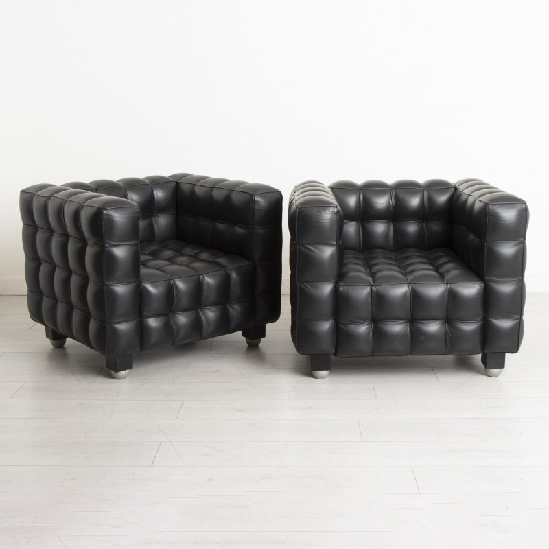Paar vintage "Kubus" zwart lederen fauteuils, 1970