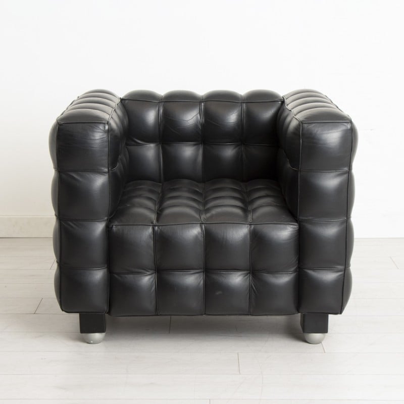 Pair of vintage "Kubus" black leather armchairs, 1970s
