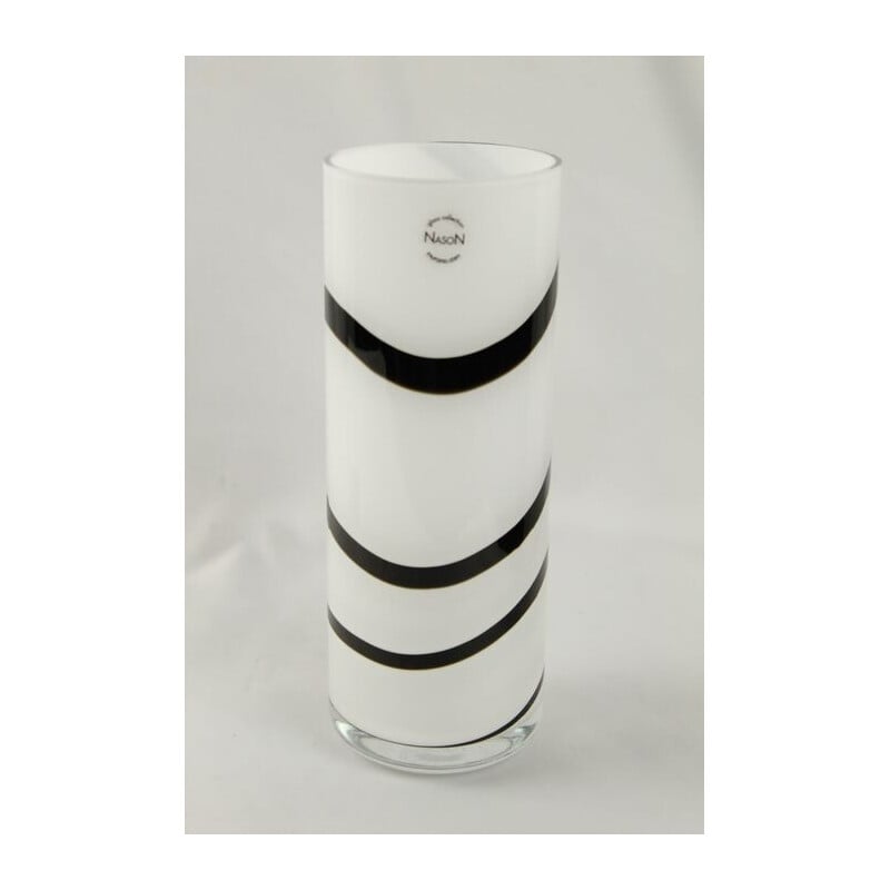 Vase vintage en verre de Murano blanc et noir par Carlo Nason