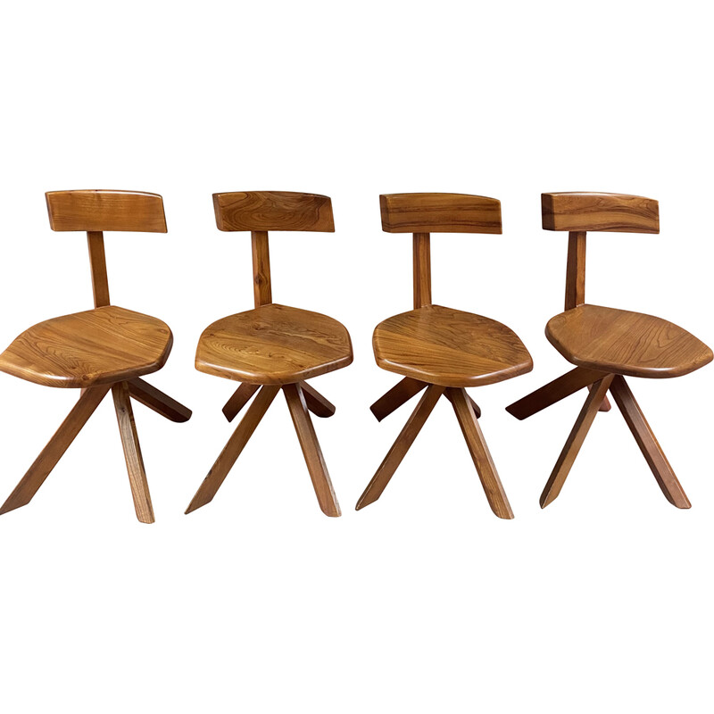 Set of 4 vintage S34A elmwood chairs by Pierre Chapo, 1970
