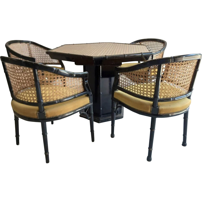 Vintage blackened wood and cane dining set, 1970