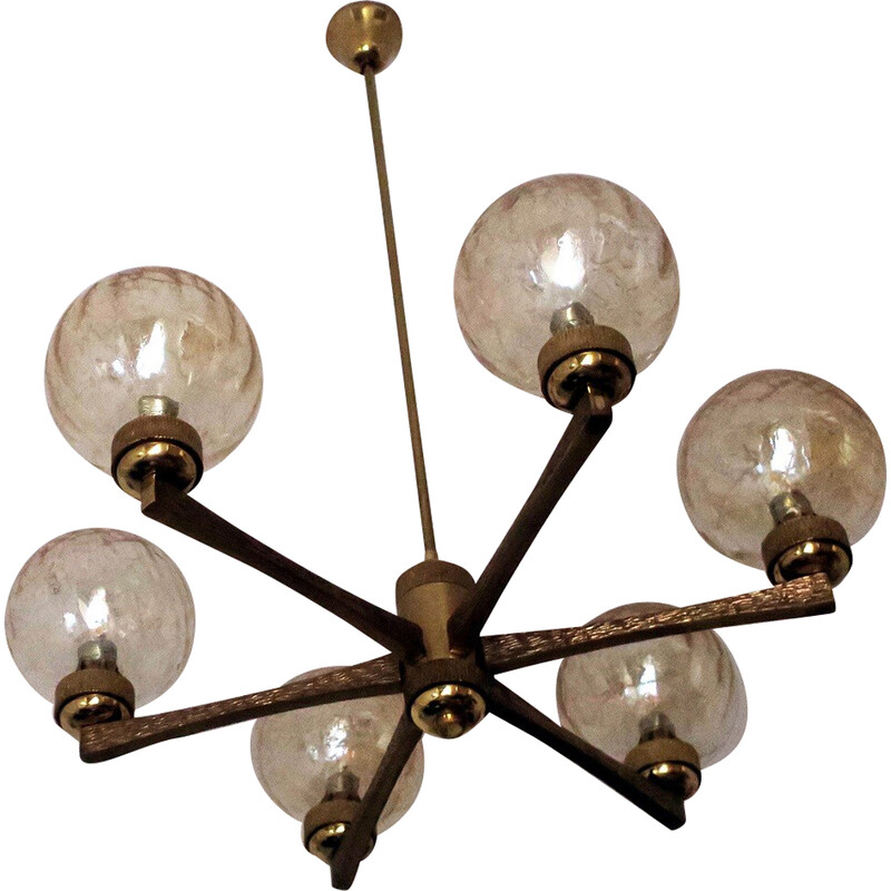 Italian vintage gold-plated brass chandelier with 6 globes by Angelo Brotto for Esperia, 1970s