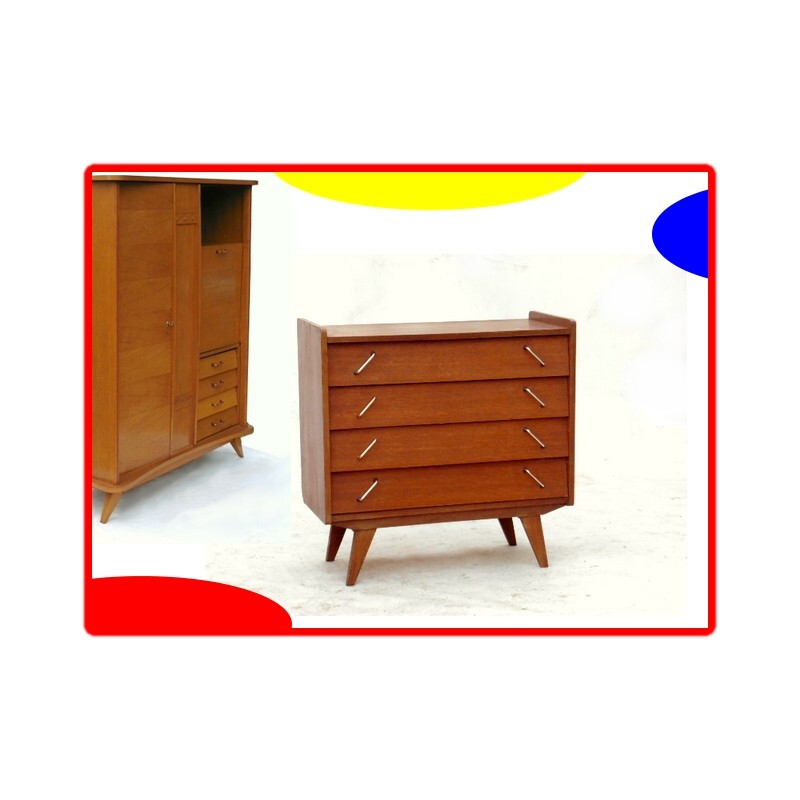 Solid wood chest of drawers with compas feet - 1960s