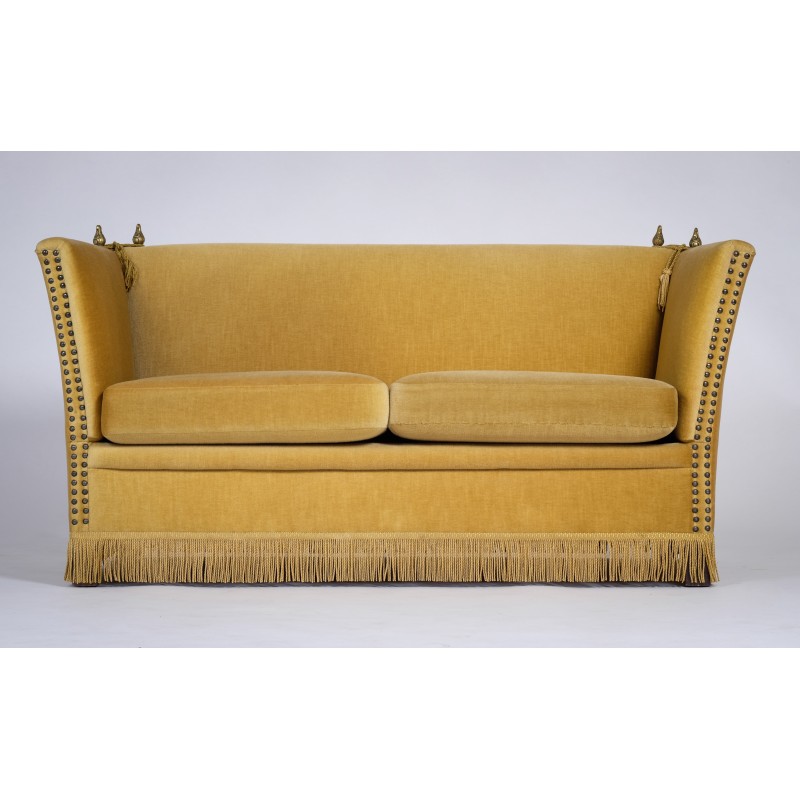 Danish vintage yellow velvet Knole sofa and armchair, 1950s