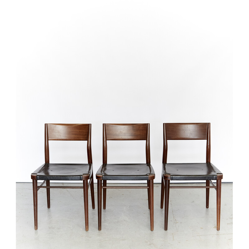 Set of 3 vintage chairs model 351/3 in teak and black leather by Georg Leowald for Wilkhahn, 1955s