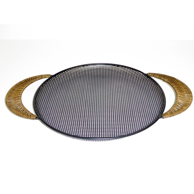 Round black tray with rattan handles - 1950s
