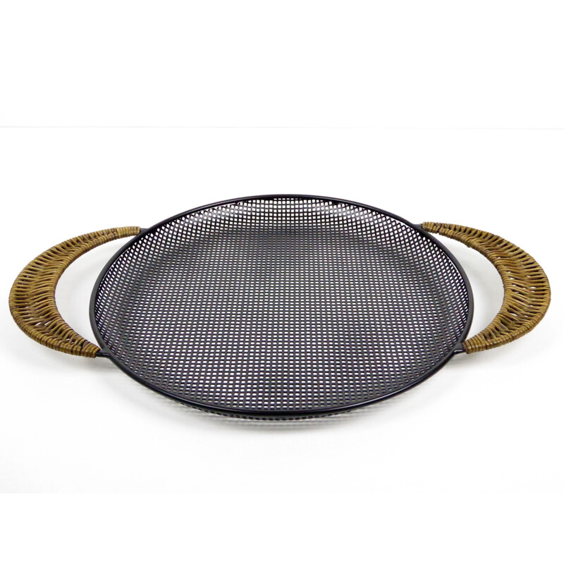 Round black tray with rattan handles - 1950s