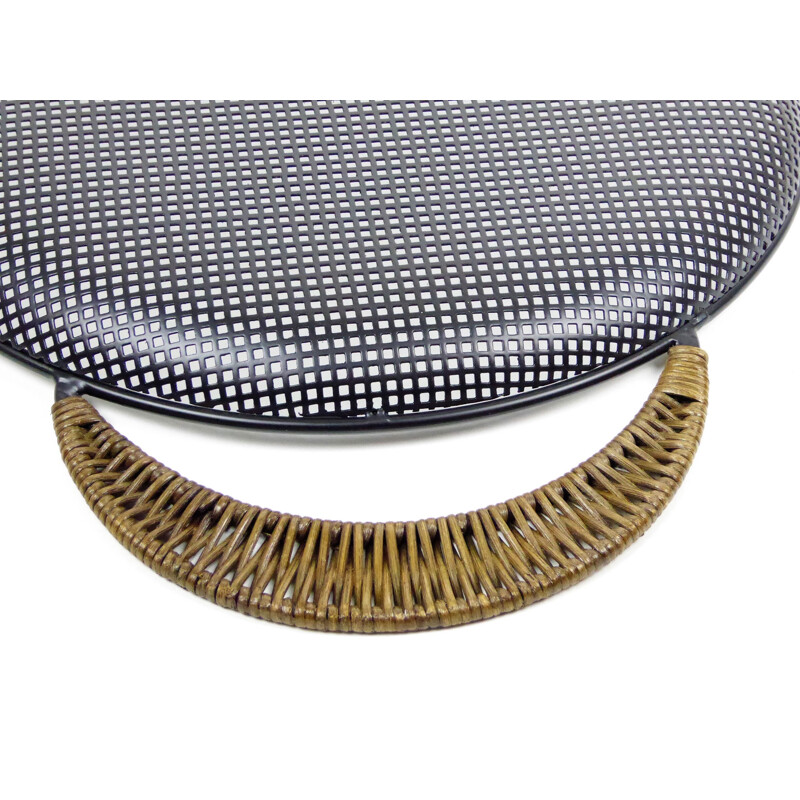 Round black tray with rattan handles - 1950s