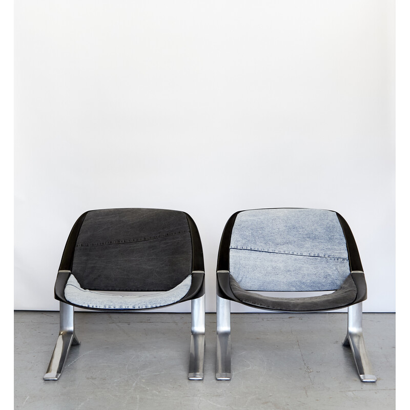 Pair of vintage aluminum and denim armchairs by Knut Hesterberg for Selectform, Germany 1970s