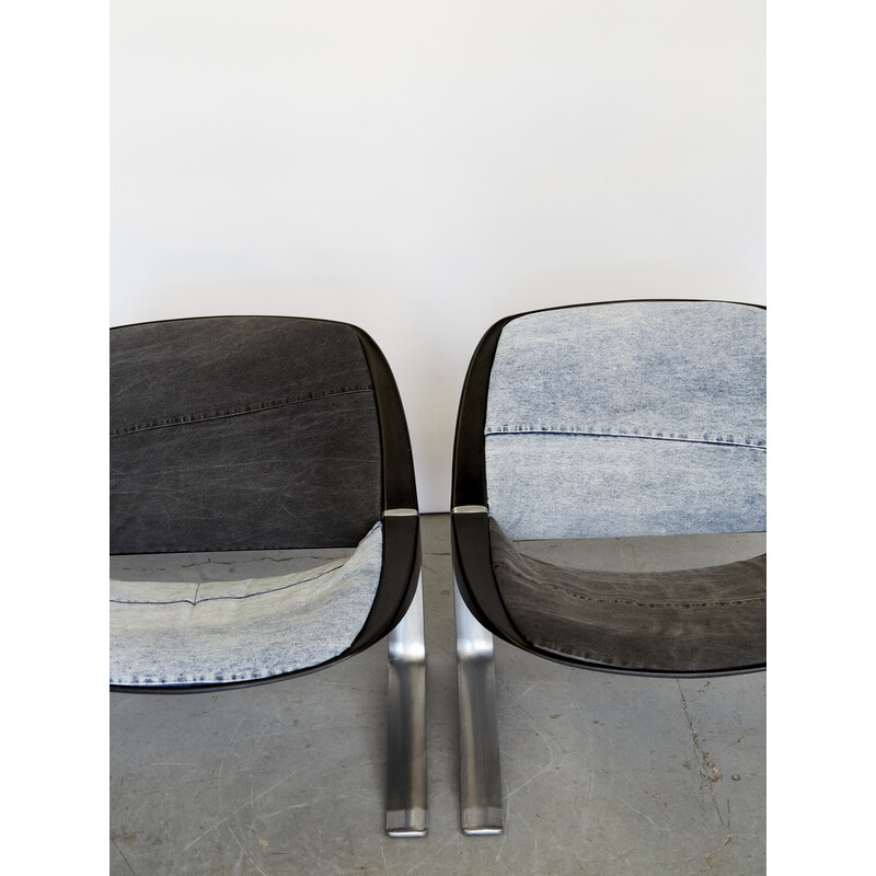 Pareja de sillones vintage de aluminio y tela vaquera de Knut Hesterberg para Selectform, Alemania años 70