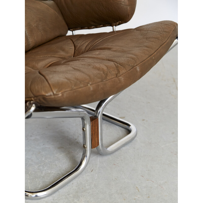 Sillón y otomana vintage de acero cromado y cuero de Ingmar Relling para Westnofa, Noruega años 70