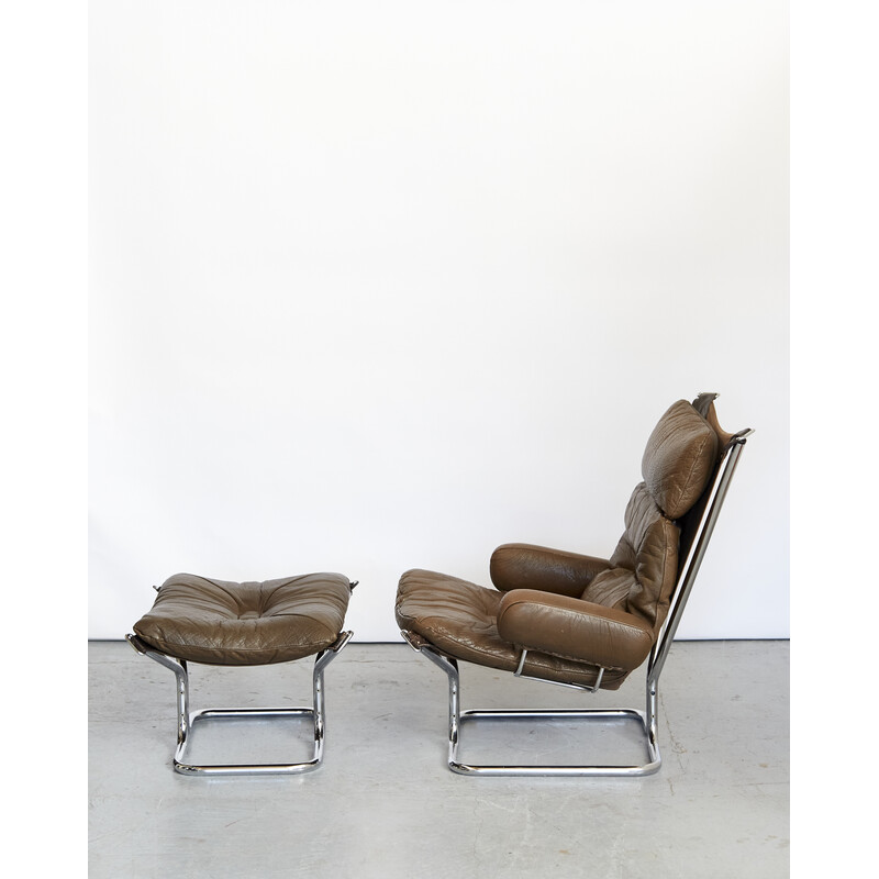 Vintage chrome steel and leather armchair and ottoman by Ingmar Relling for Westnofa, Norway 1970s