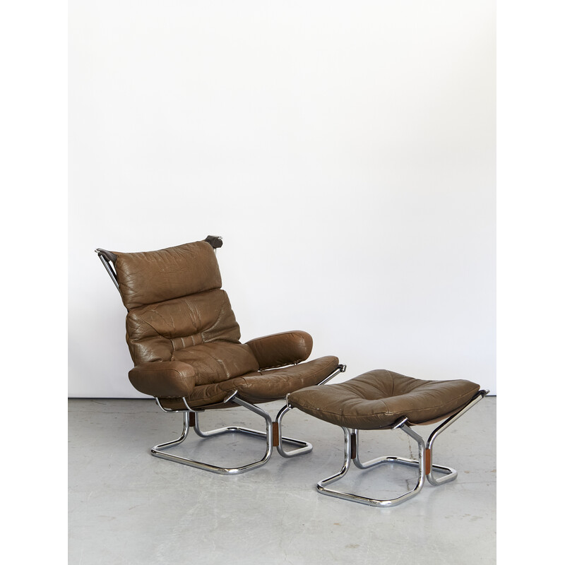 Vintage chroomstaal en lederen fauteuil en poef van Ingmar Relling voor Westnofa, Noorwegen 1970