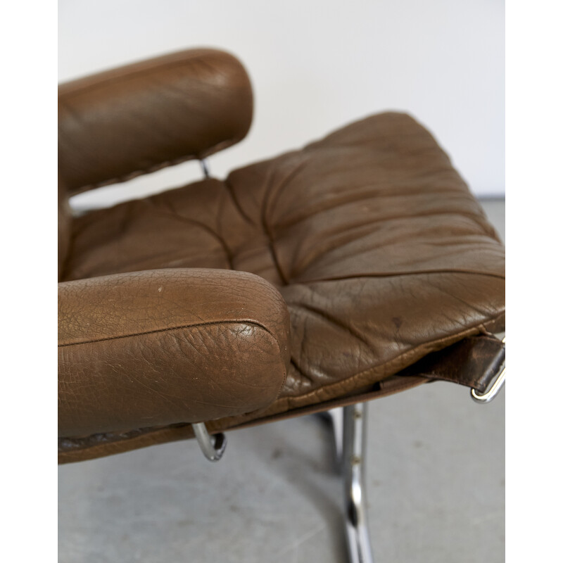 Sillón y otomana vintage de acero cromado y cuero de Ingmar Relling para Westnofa, Noruega años 70