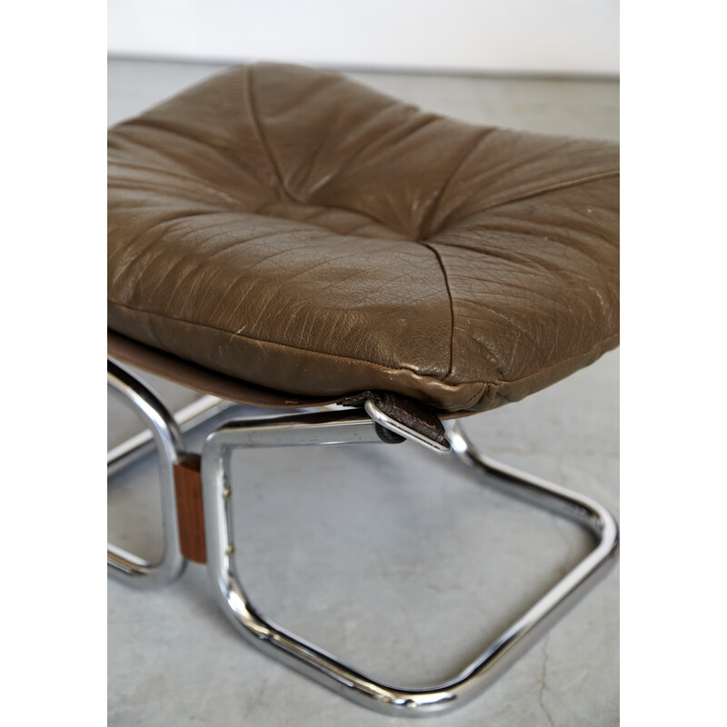Vintage chrome steel and leather armchair and ottoman by Ingmar Relling for Westnofa, Norway 1970s