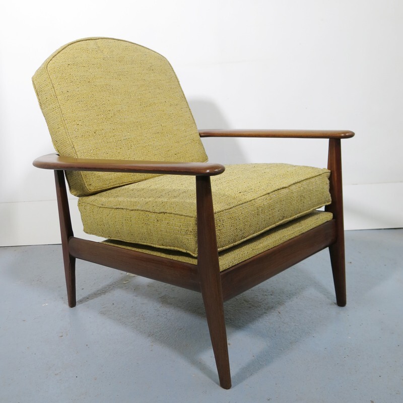 Yellow scandinavian armchair in wood and fabric - 1960s