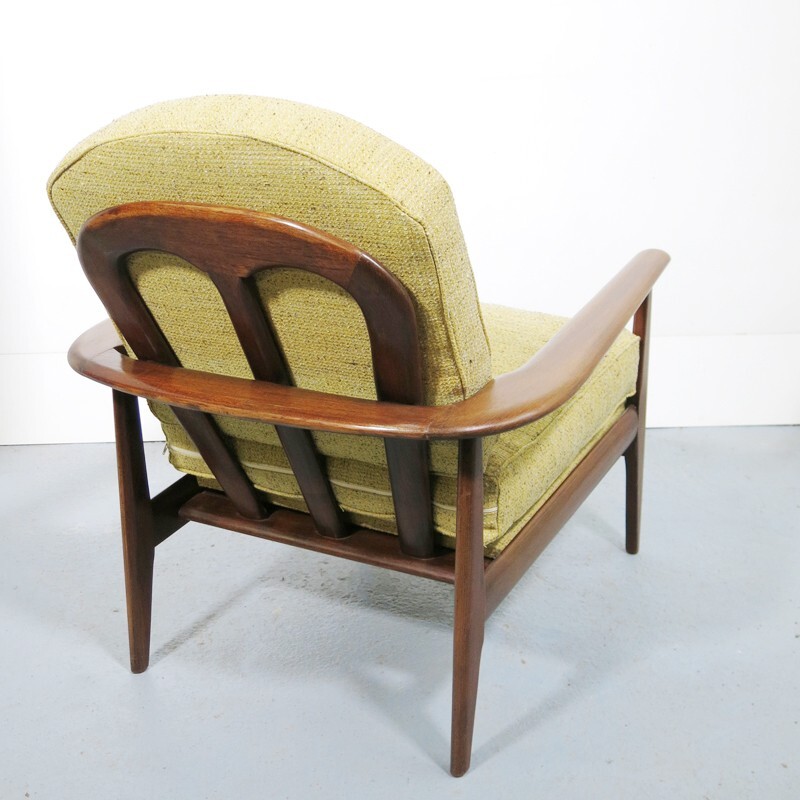 Yellow scandinavian armchair in wood and fabric - 1960s