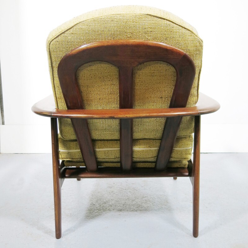 Yellow scandinavian armchair in wood and fabric - 1960s