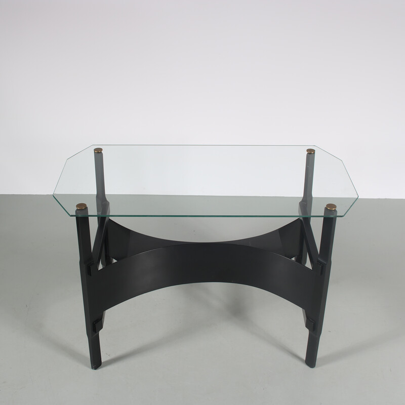 Vintage console in black wood and clear glass, France 1950s