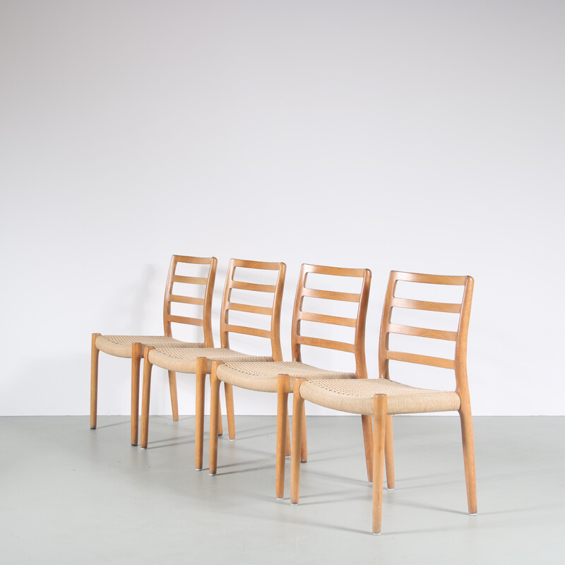 Set of 4 vintage dining chairs 85 in oakwood and papercord by Moller, Denmark 1970s