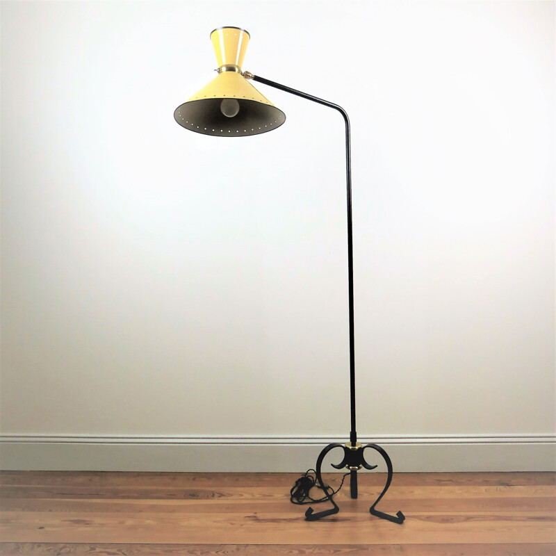 R.Lunel "diabolo" yellow floor lamp with black metal lacquered legs by René Mathieu - 1950s