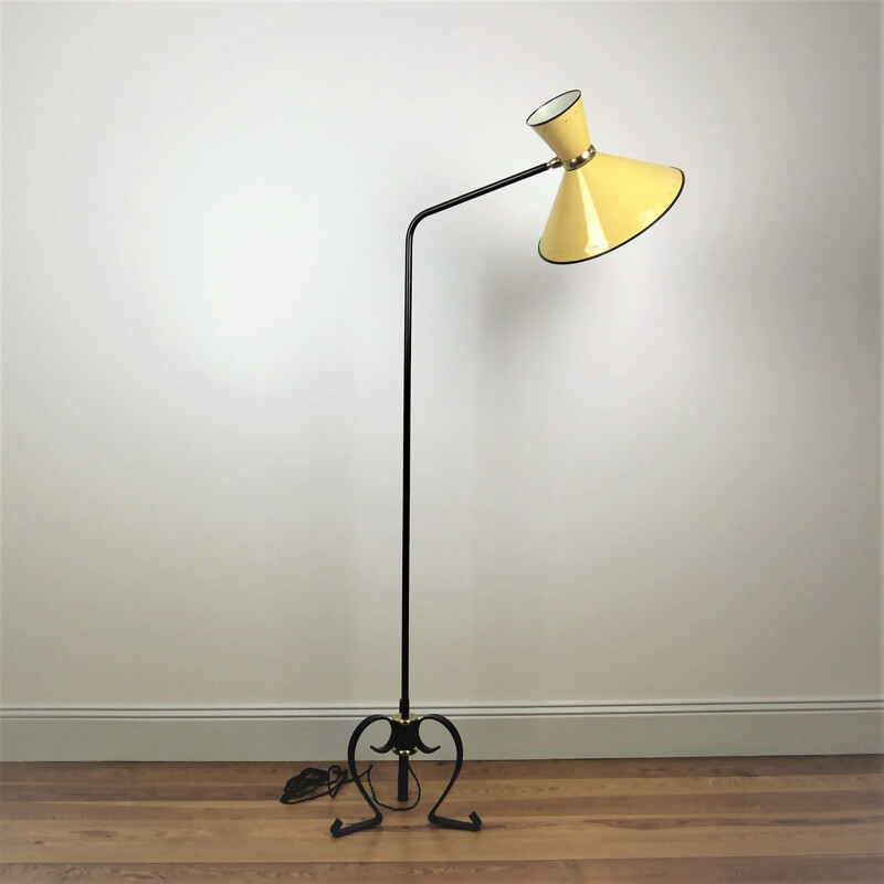 R.Lunel "diabolo" yellow floor lamp with black metal lacquered legs by René Mathieu - 1950s