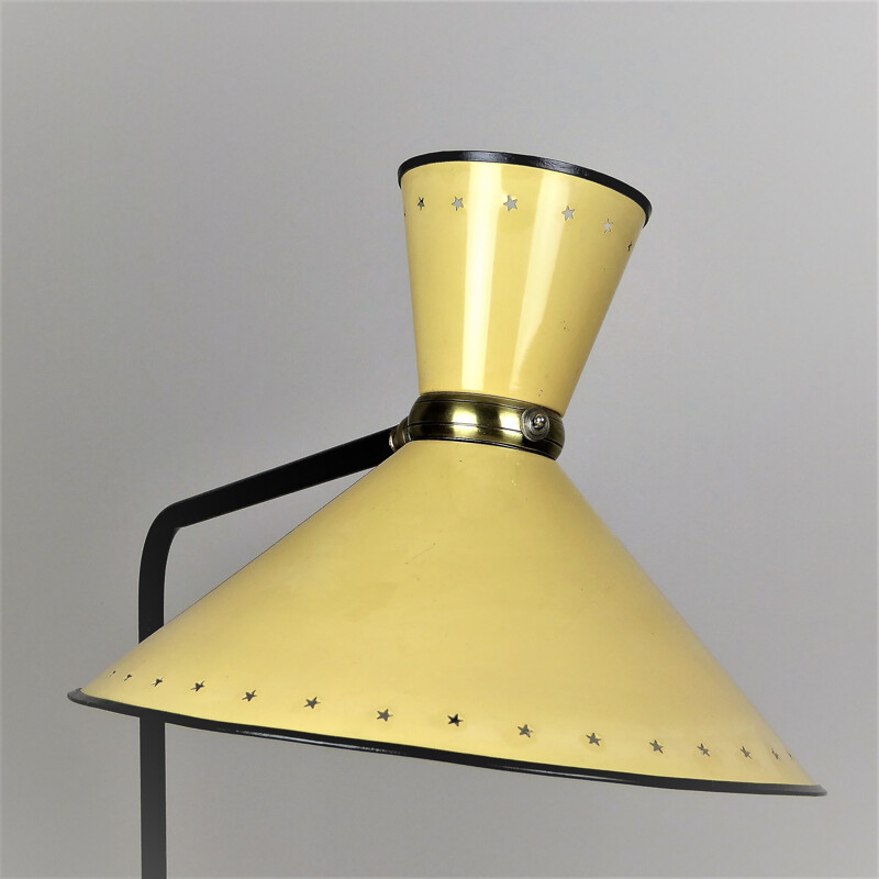 Lampadaire "Diabolo" jaune en métal et laiton de René MATHIEU pour  R.Lunel - 1950