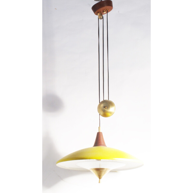 Yellow hanging lamp in aluminum and brass - 1950s 