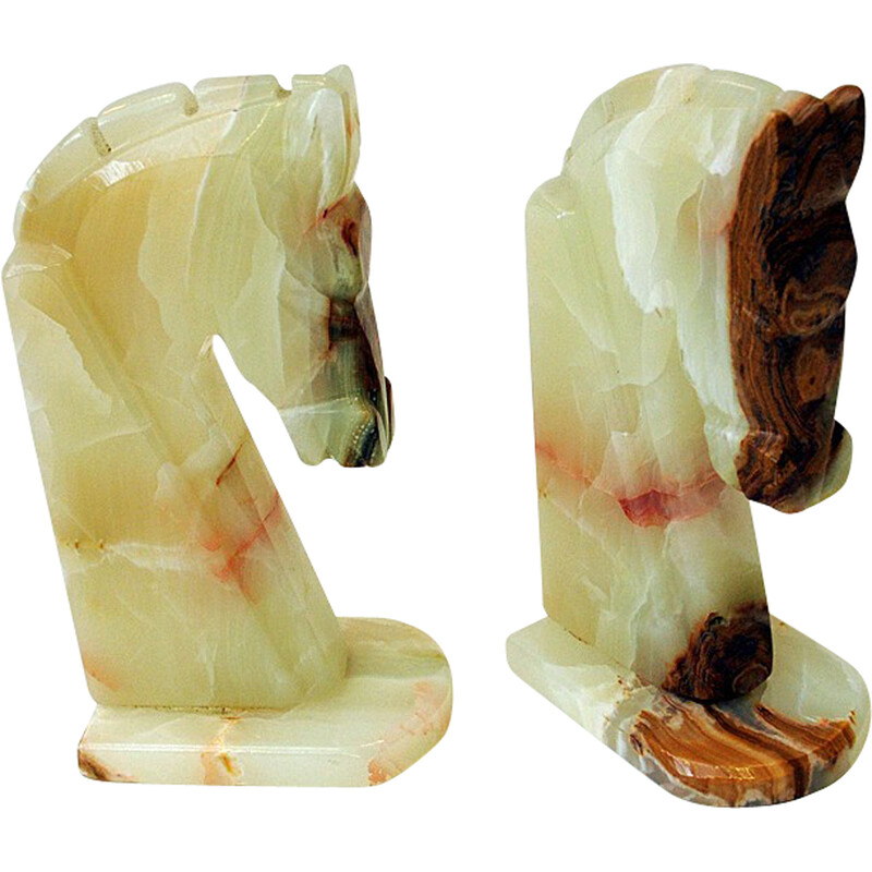 Pair of vintage handacarved onyx horseheads bookends, Italy 1970s