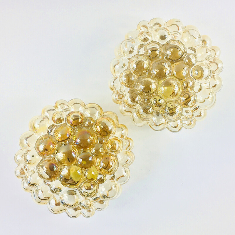 Pair of vintage amber bubble glass ceiling lamp by Helena Tynell for Limburg, Germany 1960s