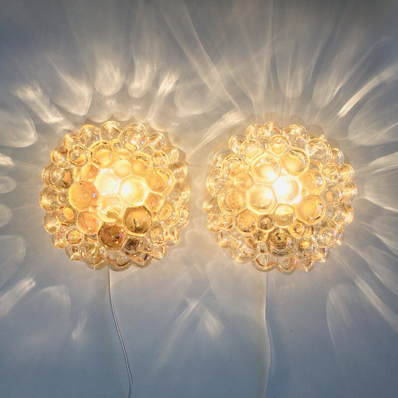 Pair of vintage amber bubble glass ceiling lamp by Helena Tynell for Limburg, Germany 1960s