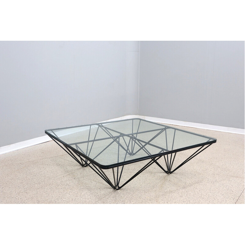 Vintage geometric coffee table in black lacquered tubular iron and transparent glass, Italy 1980s