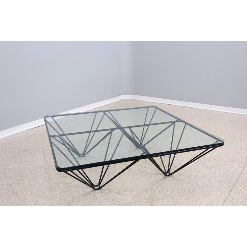 Vintage geometric coffee table in black lacquered tubular iron and transparent glass, Italy 1980s