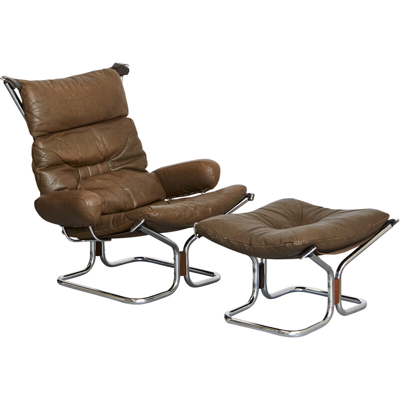 Sillón y otomana vintage de acero cromado y cuero de Ingmar Relling para Westnofa, Noruega años 70