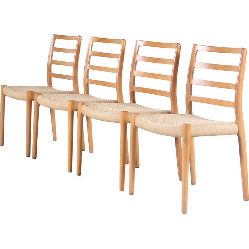 Set of 4 vintage dining chairs 85 in oakwood and papercord by Moller, Denmark 1970s