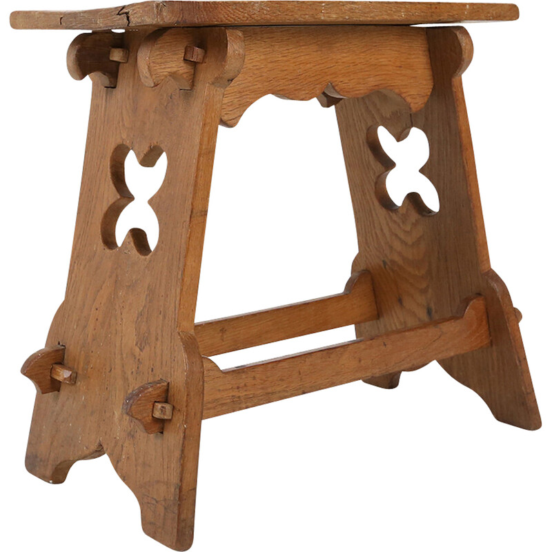 Brutalist vintage wooden stool, Belgium 1940s