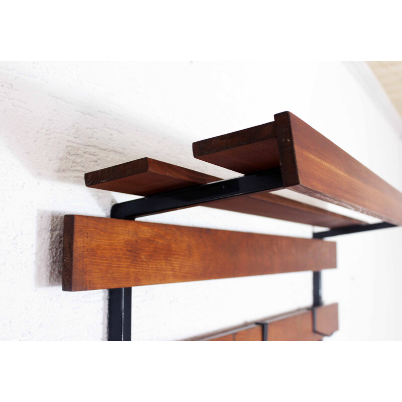 Vintage wood and metal wall coat rack, 1960s