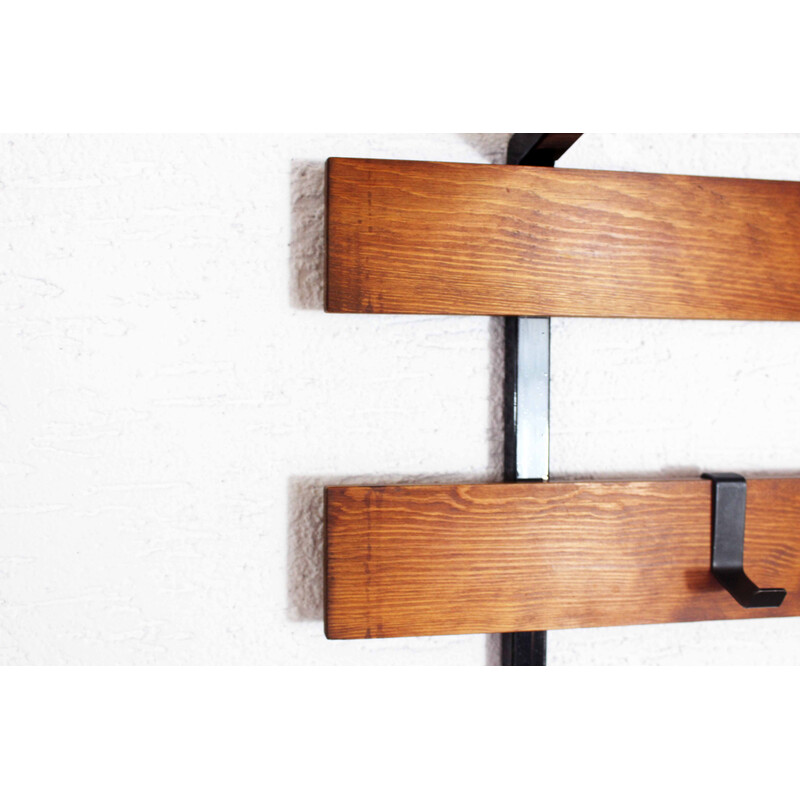 Vintage wood and metal wall coat rack, 1960s