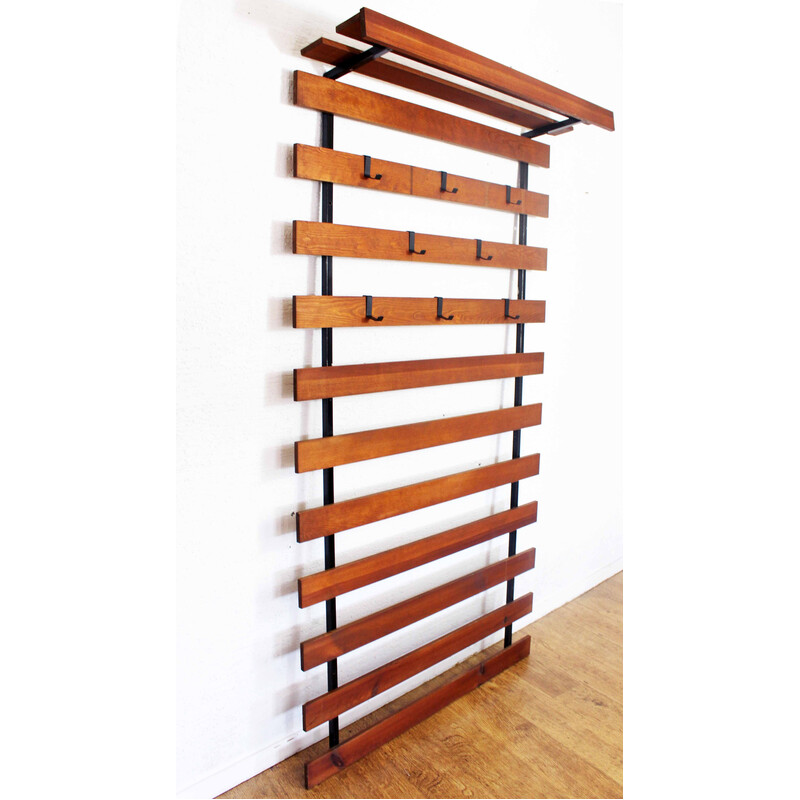 Vintage wood and metal wall coat rack, 1960s