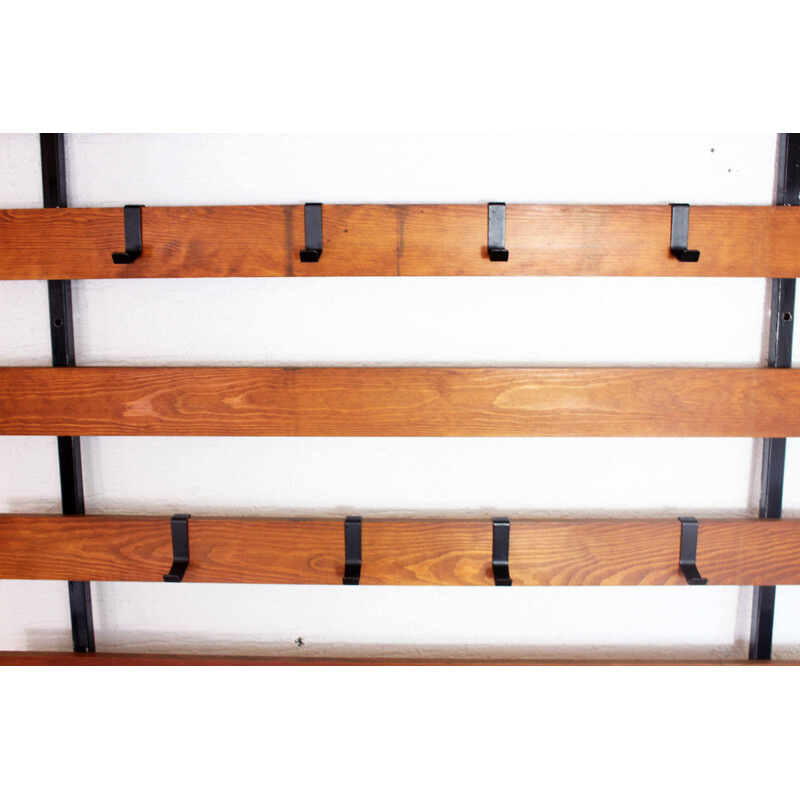 Vintage wood and metal wall coat rack, 1960s