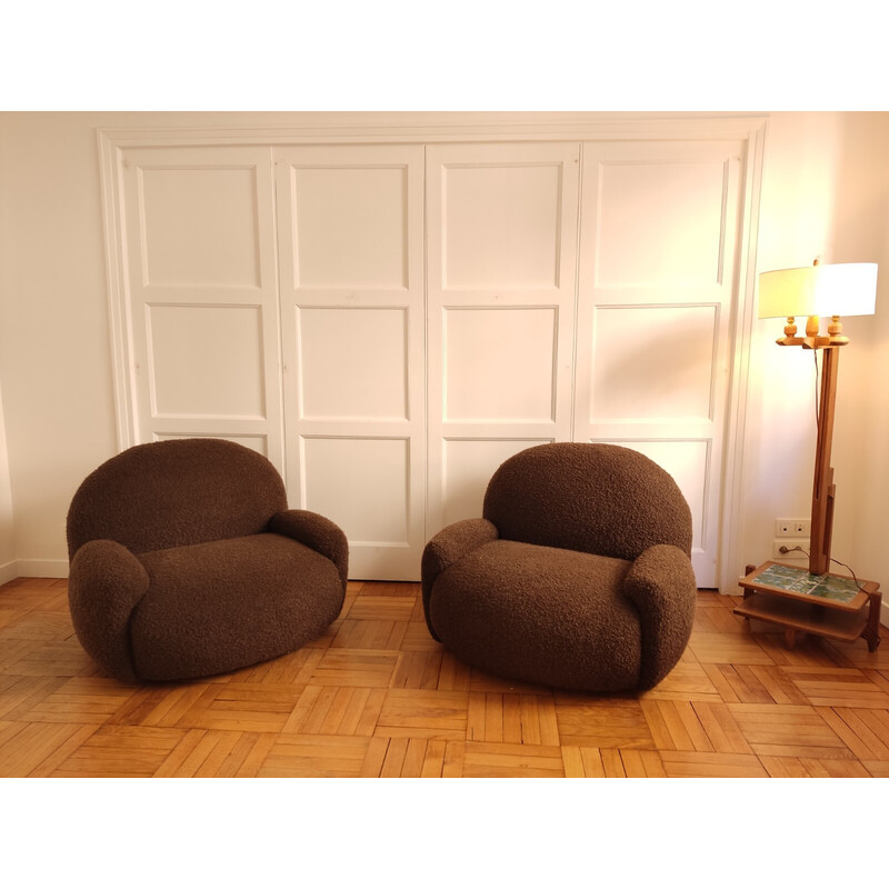 Pair of vintage armchairs in chocolate curl, 1970