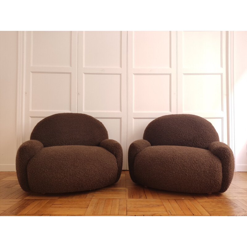 Pair of vintage armchairs in chocolate curl, 1970