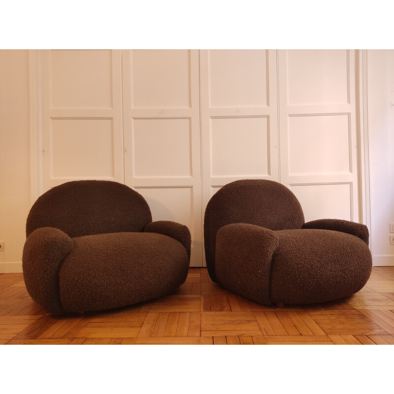 Pair of vintage armchairs in chocolate curl, 1970