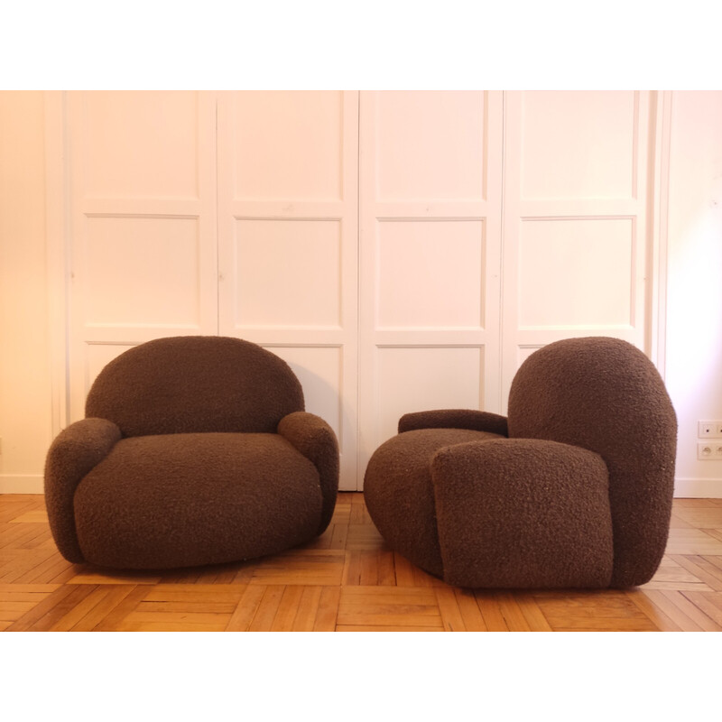 Pair of vintage armchairs in chocolate curl, 1970