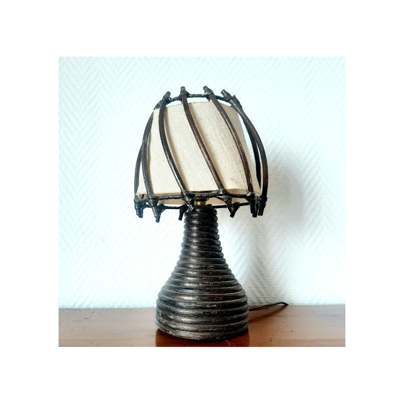 Lampe de table vintage en rotin et tissu par Louis Sognot, 1950