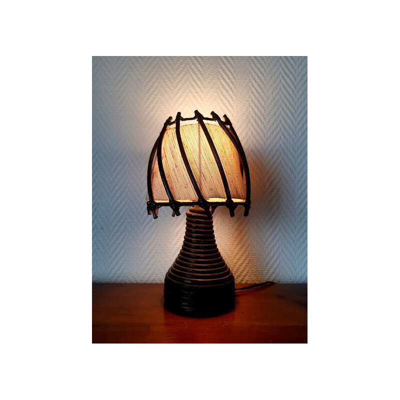Vintage tafellamp in rotan en stof van Louis Sognot, 1950