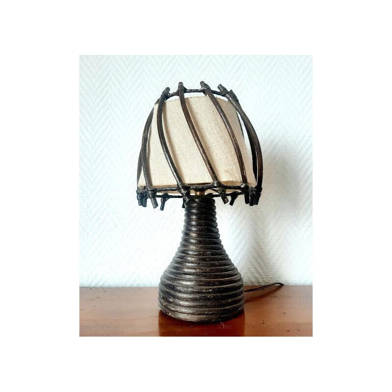 Vintage lamp in rattan and fabric by Louis Sognot, 1950s