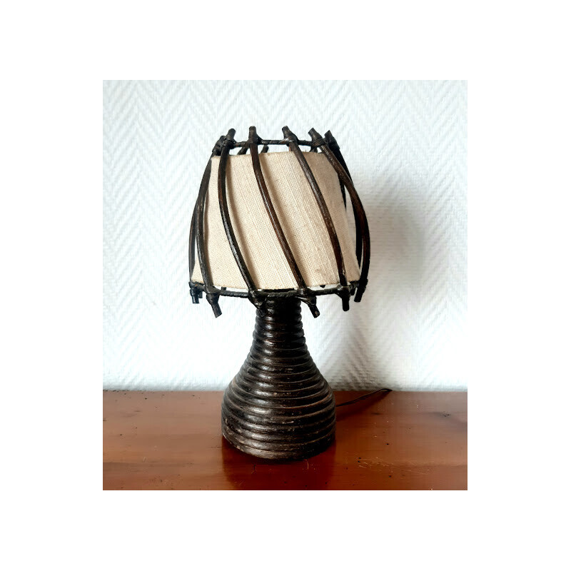 Lampada da tavolo vintage in rattan e tessuto di Louis Sognot, 1950