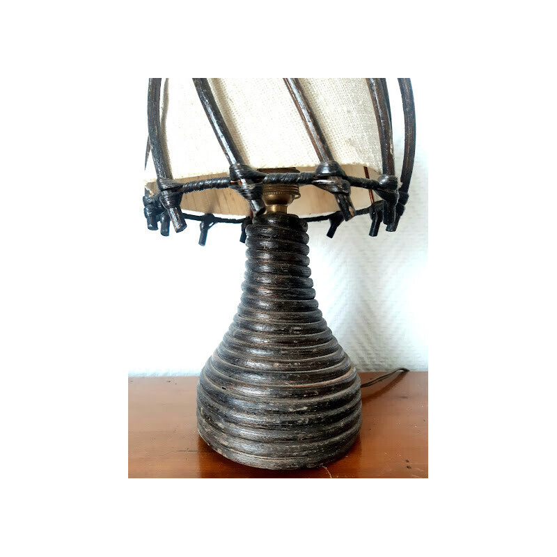 Vintage tafellamp in rotan en stof van Louis Sognot, 1950
