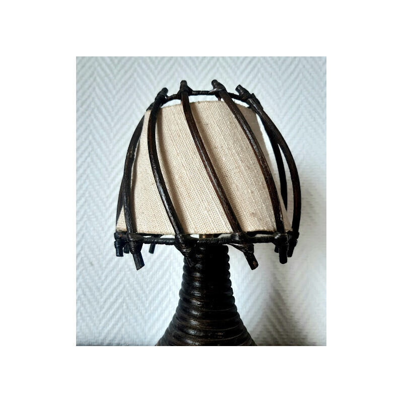 Vintage lamp in rattan and fabric by Louis Sognot, 1950s